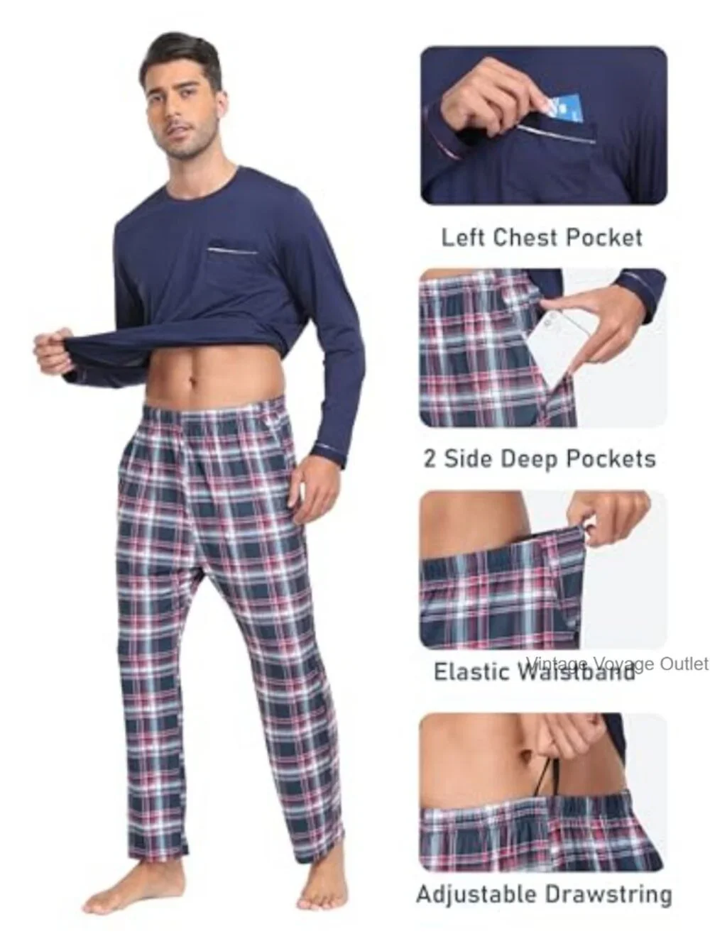 Men's Pajama Plaid Sleepwear Set Long Sleeve Button Down Pajama Set Lounge with